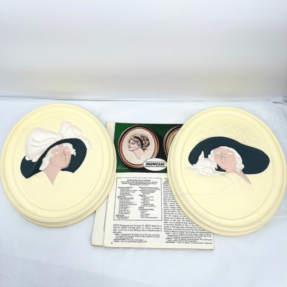 Duncan Bisque Cameo Plaque Set Nostalgic Lady Ceramic Vintage Art 2pc **READ**